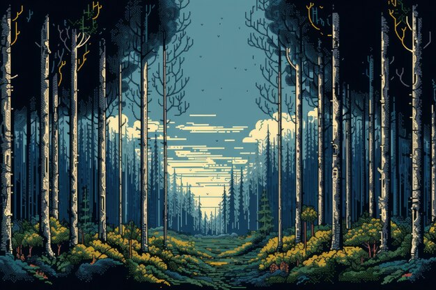 8-bit graphics pixels scene with forest