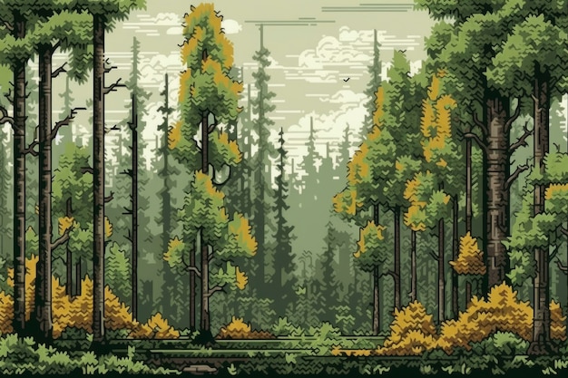 무료 사진 숲이 있는 8비트 그래픽 픽셀 장면