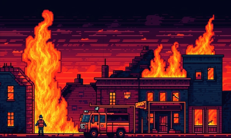 Free Photo 8-bit graphics pixels scene with house on fire