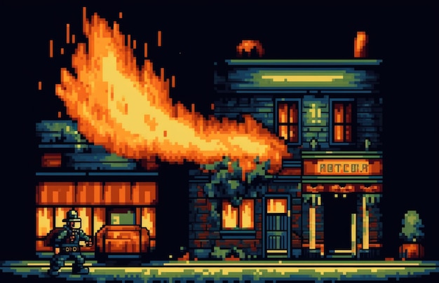 Foto gratuita scena con pixel grafici a 8 bit con casa in fiamme