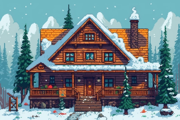 Бесплатное фото 8-битная графическая пиксельная сцена с домом зимой