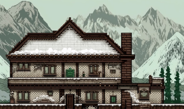 Foto gratuita scena di pixel grafici a 8 bit con casa e montagne