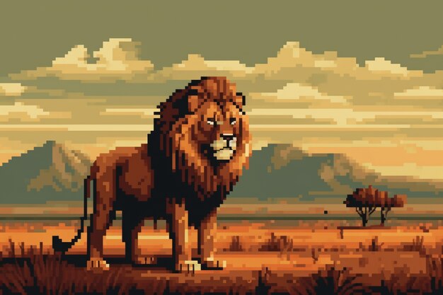 8-bit graphics pixels scene with lion