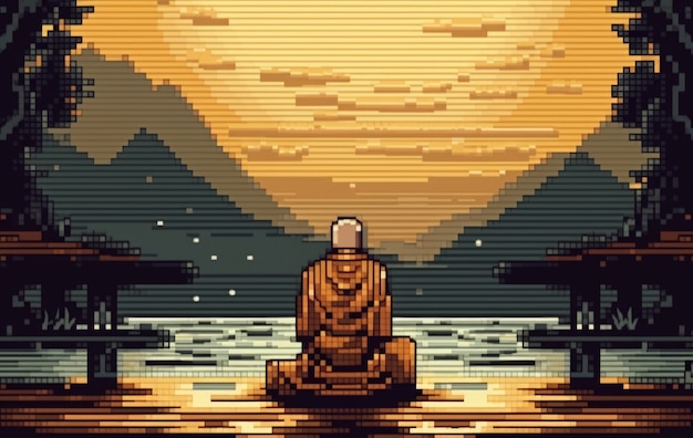 Free photo 8-bit graphics pixels scene with monk