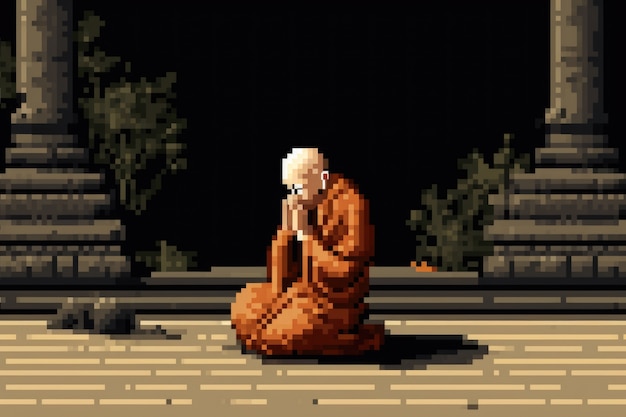 Free photo 8-bit graphics pixels scene with monk