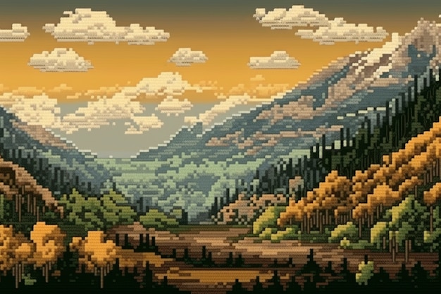 8-bit graphics pixels scene with nature