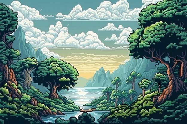 Free photo 8-bit graphics pixels scene with nature