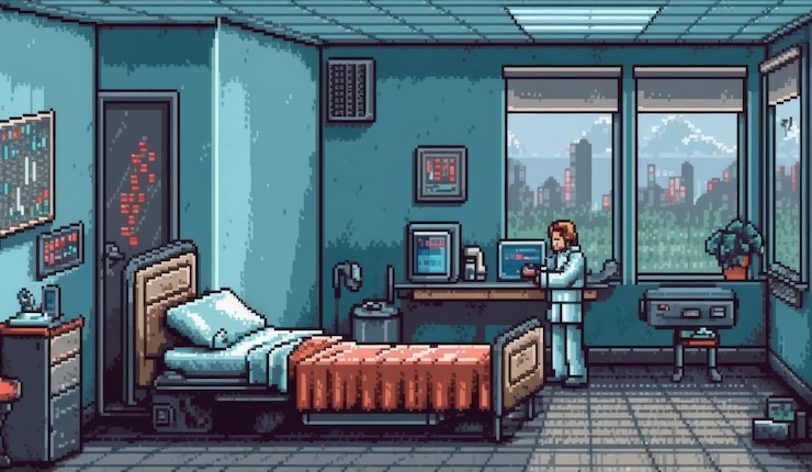 Free Photo 8-bit graphics pixels scene with nurse at hospital