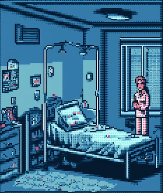 8-bit graphics pixels scene with nurse at hospital