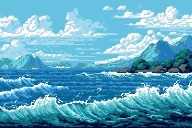 Foto gratuita scena di pixel grafici a 8 bit con onde dell'oceano