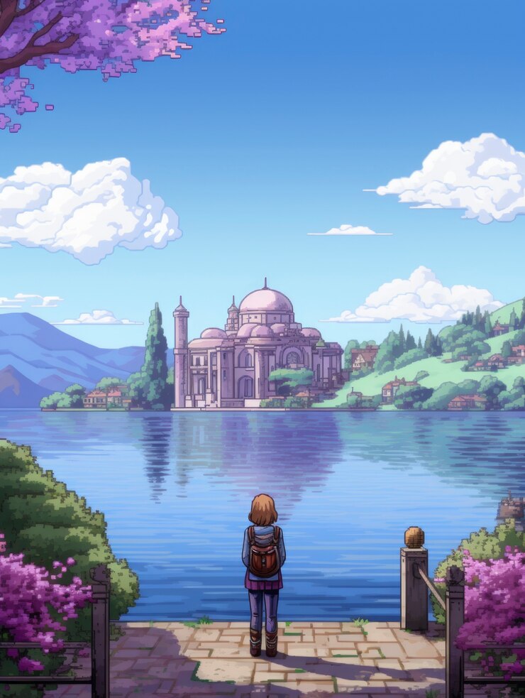 Free Photo 8-bit graphics pixels scene with person and palace