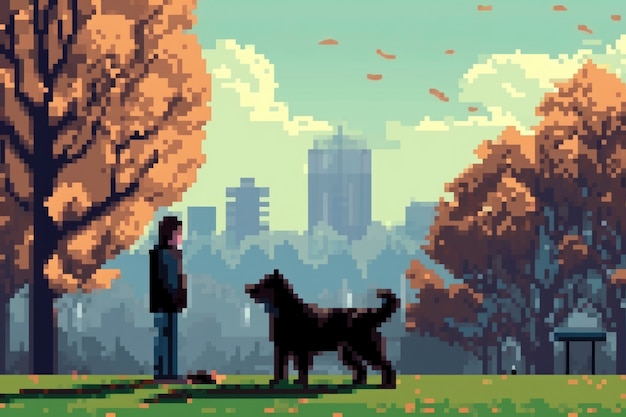 Сцена с 8-битной графикой и человеком, выгуливающим собаку в парке
