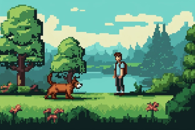 8-bit graphics pixels scene with person walking dog at the park