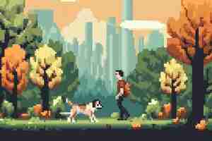 Foto gratuita scena con pixel grafici a 8 bit con una persona che porta a spasso il cane al parco
