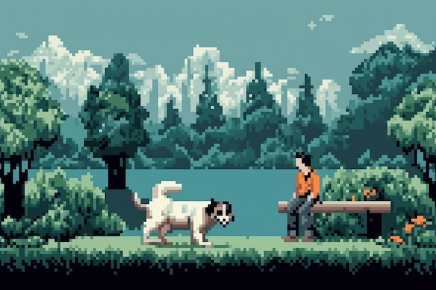 Foto gratuita scena con pixel grafici a 8 bit con una persona che porta a spasso il cane al parco