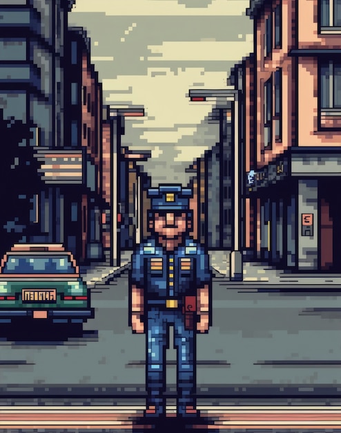 Foto gratuita scena con pixel grafici a 8 bit con l'ufficio di polizia