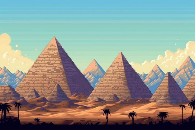 8-bit graphics pixels scene with pyramids