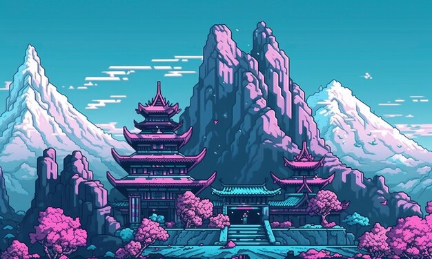 8-bit graphics pixels scene with temple and mountains