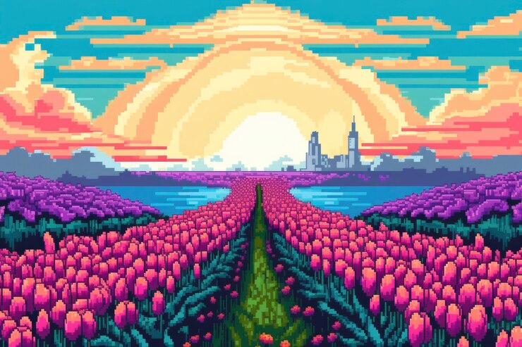 Free Photo 8-bit graphics pixels scene with tulip field
