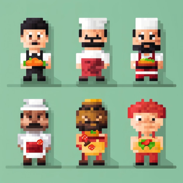 Free photo 8-bits cook characters gaming assets