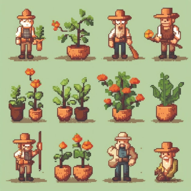 Бесплатное фото 8-битные игровые активы персонажа садовника