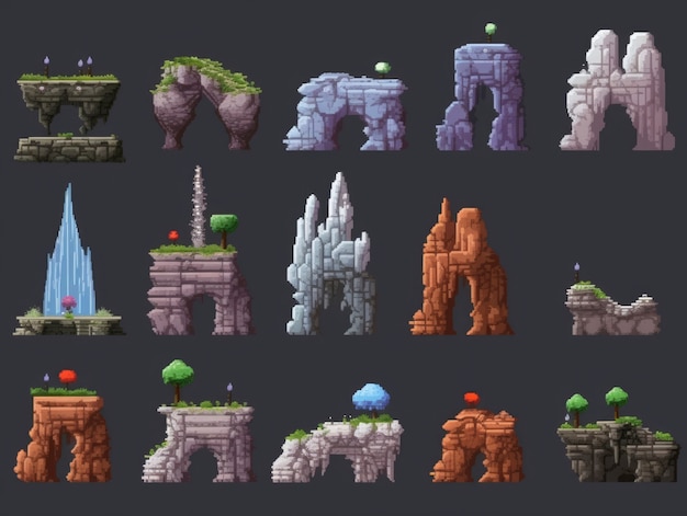 Free photo 8-bits stone gates gaming assets