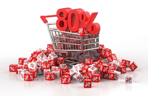 80 percent discount sale concept with trolley and a pile of red and white cube with percent in 3d illustration