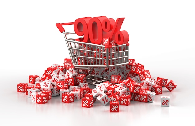 90 percent discount sale concept with trolley and a pile of red and white cube with percent in 3d illustration
