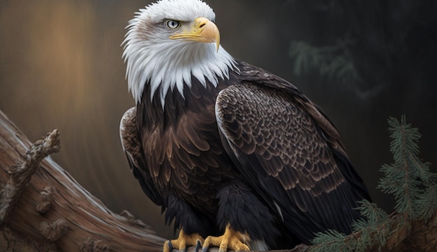 Бесплатное фото Белоголовый орлан сидит на ветке с темным фоном.