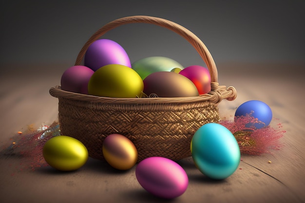 Бесплатное фото Корзина с красочными пасхальными яйцами стоит на деревянном столе.