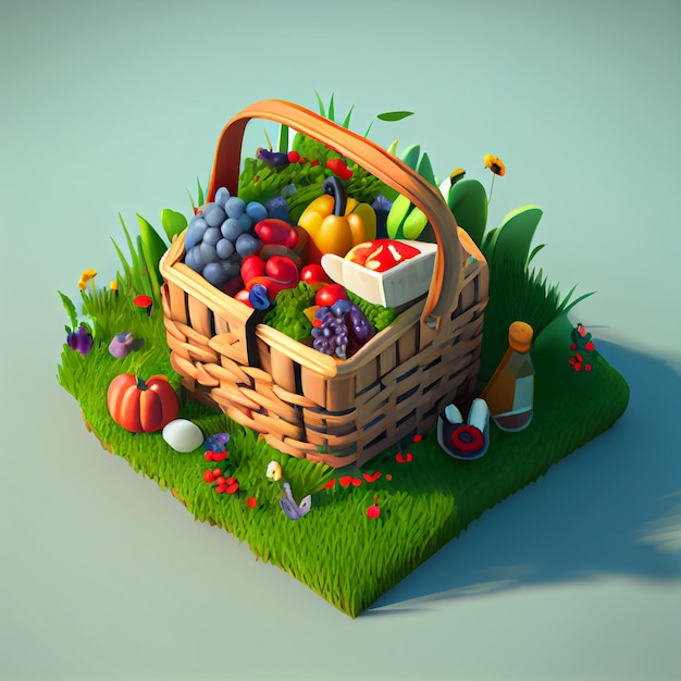 Бесплатное фото Корзина с фруктами и овощами стоит на лужайке.