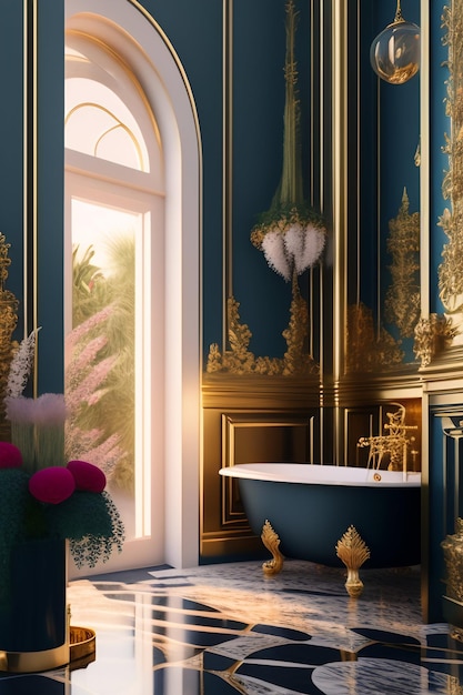 무료 사진 금색과 검은색 욕조가 있고 그 위에 '로얄'이라고 적힌 창문이 있는 욕실