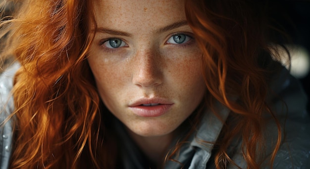 Бесплатное фото Красивая молодая женщина с рыжими волосами уверенно смотрит в камеру, созданную искусственным интеллектом.