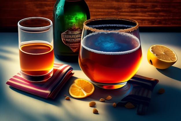 Бесплатное фото Бутылка 2020 года стоит на столе рядом с двумя бокалами пива.