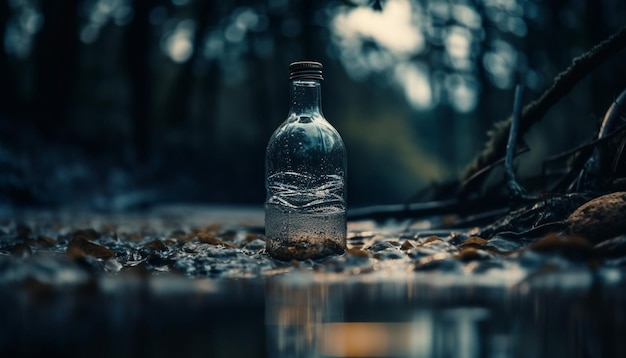 無料写真 暗闇の中で水の入ったボトルが地面に置かれています。