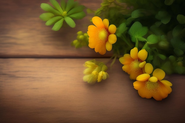無料写真 木製のテーブルに黄色の花の花束