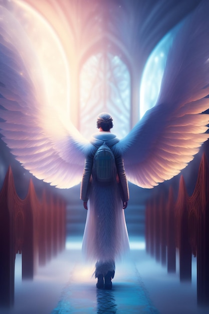 無料写真 翼を持った少年が教会の前に立ち、背中に光を照らしている.