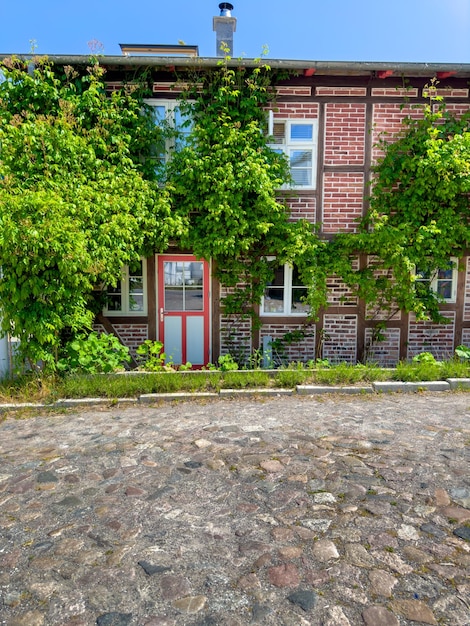 無料写真 石畳の道沿いにある、葉が生い茂るレンガ造りの家