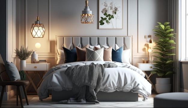 Бесплатное фото Яркая и современная спальня с элегантностью, созданной искусственным интеллектом