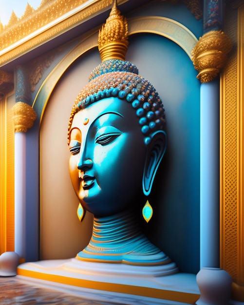 Бесплатное фото Голова будды с голубыми и золотыми цветами