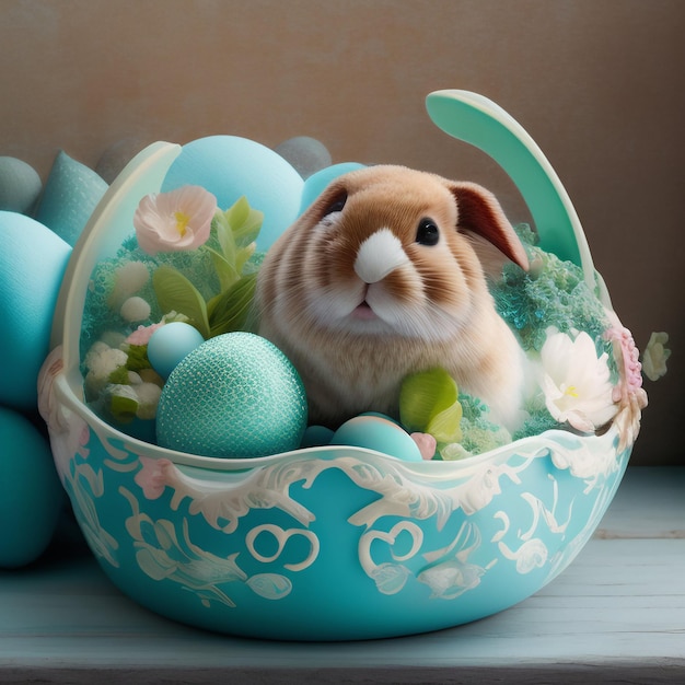 無料写真 ウサギは、青い卵と青いイースター バスケットに座っています。