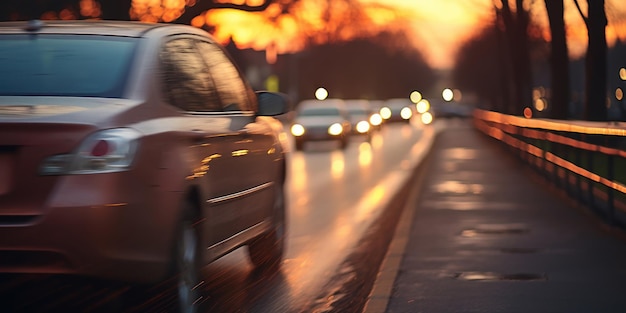 Бесплатное фото Автомобильное зеркало, показывающее размытый городской трафик вечером