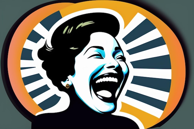 Бесплатное фото Карикатура на женщину с открытым ртом и счастливыми словами внизу