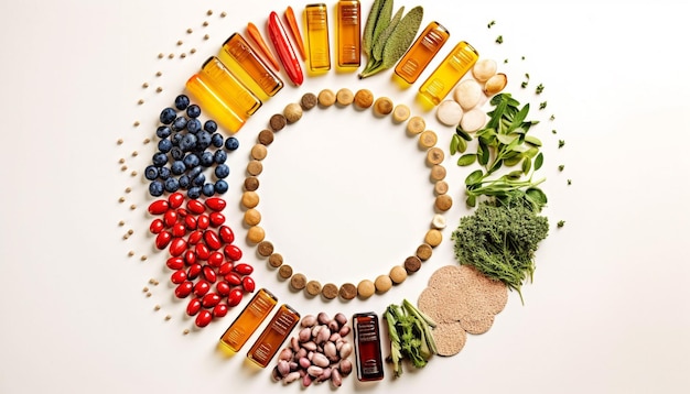 Бесплатное фото Круг еды, включающий различные ингредиенты, включая бобы, чернику и другие ингредиенты.