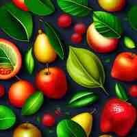 Бесплатное фото Коллекция фруктов с листьями на темном фоне