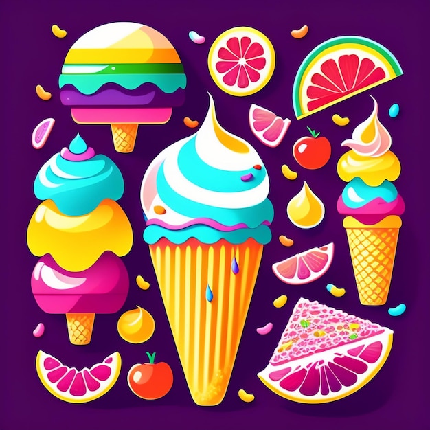 Бесплатное фото Красочный рожок мороженого с разными вкусами.