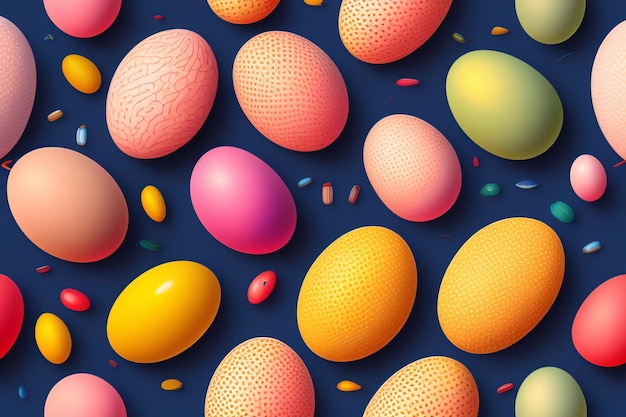 무료 사진 바닥에 부활절이라는 단어가 있는 다채로운 달걀 패턴입니다.