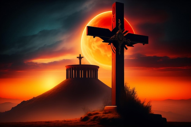 Бесплатное фото Крест с солнцем за ним