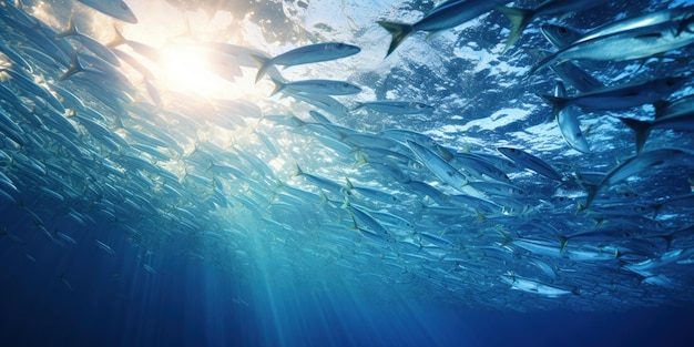 無料写真 バラクダ 魚 の 密集 し た 群れ が 水中 の 銀色 の 壁 を 形成 し て い ます