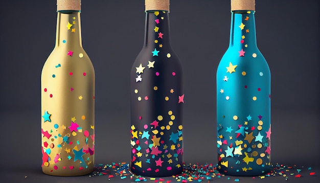 無料写真 ai によって生成された明るい紙吹雪を背景に設定されたお祝いのワイン ボトル
